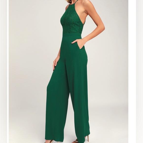 Lulus Pants - Lulus Stunna Forest Green Lace Backless Jumpsuit Size M New
